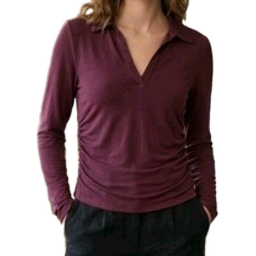 Madewell Ruched Long Sleeve Polo Top V-Neck Burgundy Shirt Blouse Womens Medium